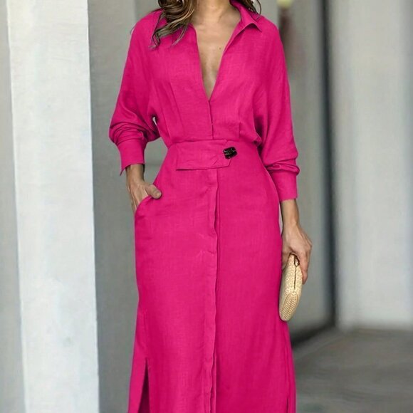. Dresses & Skirts - Pink Preppy Women's Batwing Sleeve Dress With Hidden Pockets